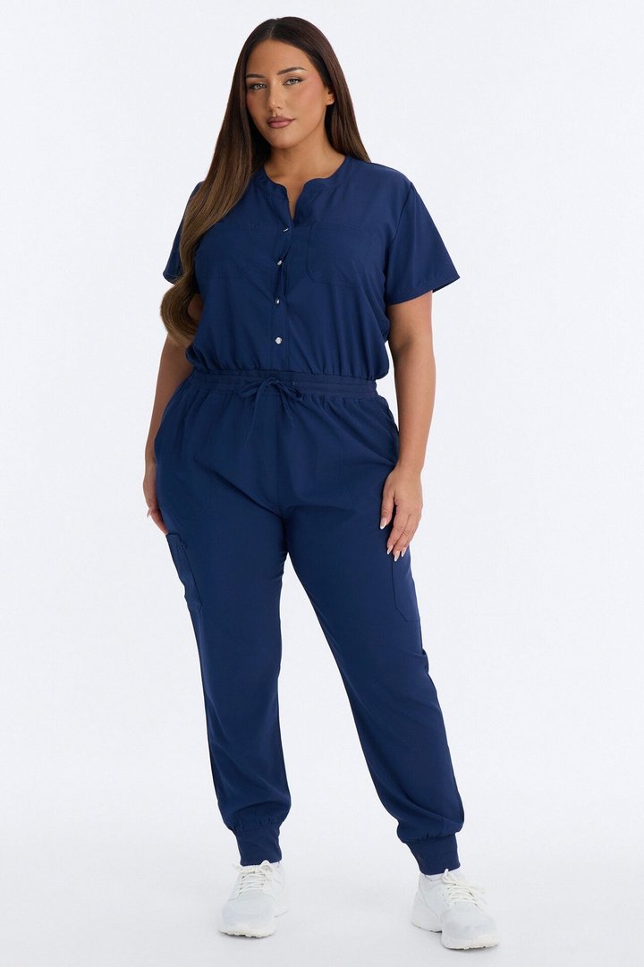 In Unison Uniform Jogger Scrub Jumpsuit With Snaps - Navy