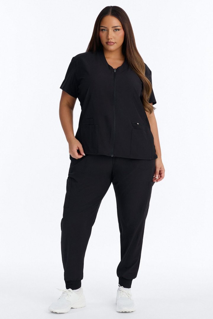 Vital 4 Way Stretch Front Zip Jogger Scrub Set - Black