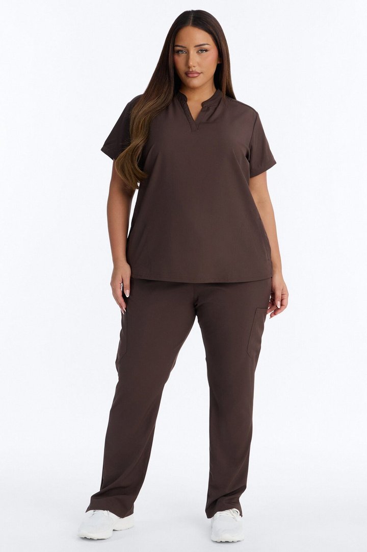 It's Go Time Collared Open Leg Uniform Scrub Set - Chocolate
