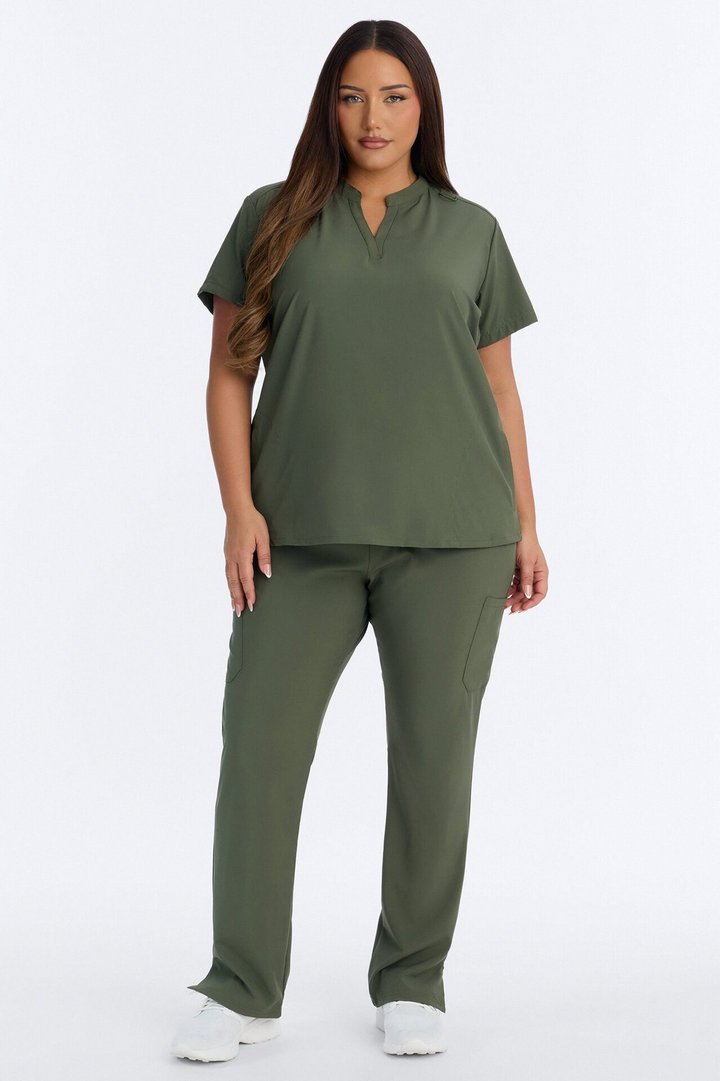 It's Go Time Collared Open Leg Uniform Scrub Set - Olive