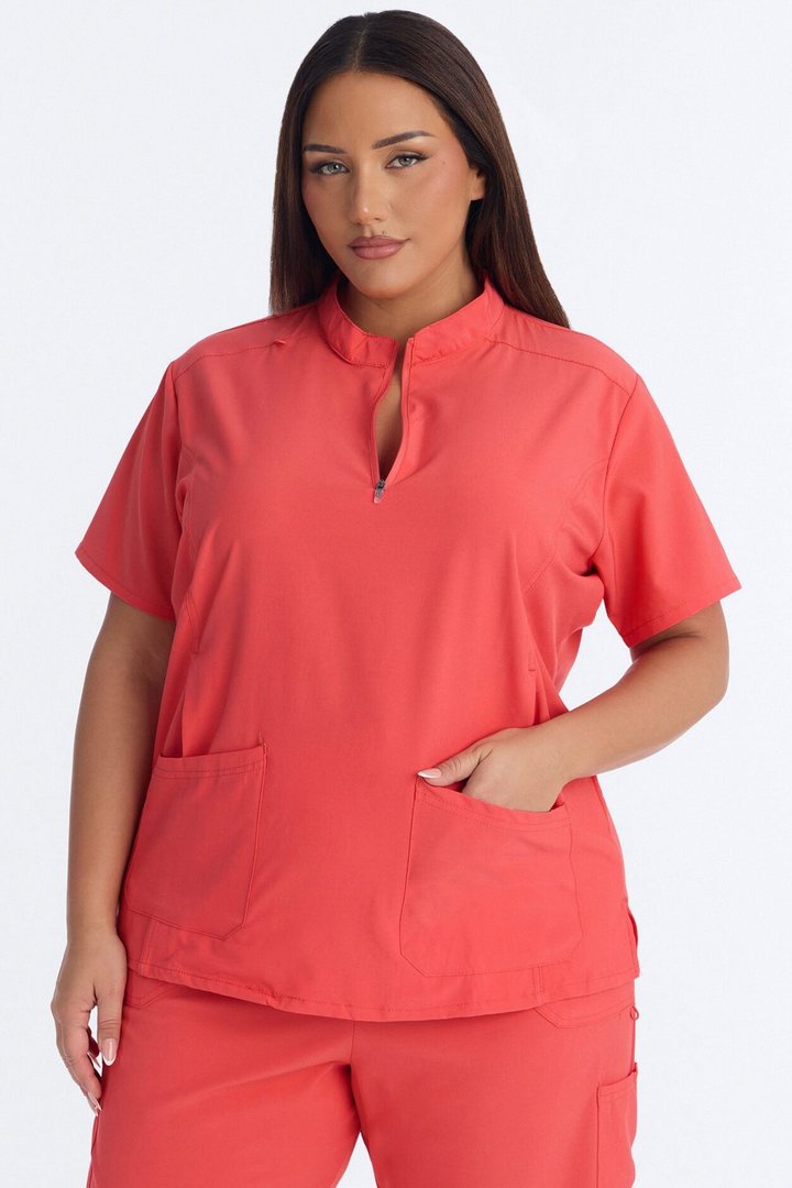 Elite 4 Way Stretch Zip Collar Open Leg Slit Scrub Set - Coral