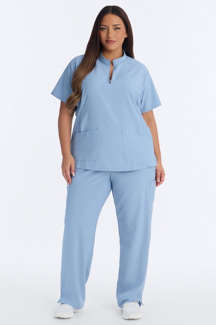 Elite 4 Way Stretch Zip Collar Open Leg Slit Scrub Set - Dusty Blue