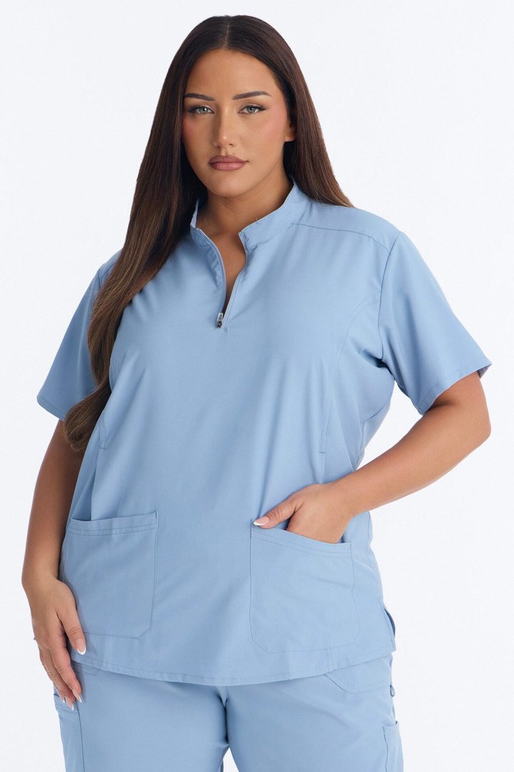 Elite 4 Way Stretch Zip Collar Open Leg Slit Scrub Set - Dusty Blue