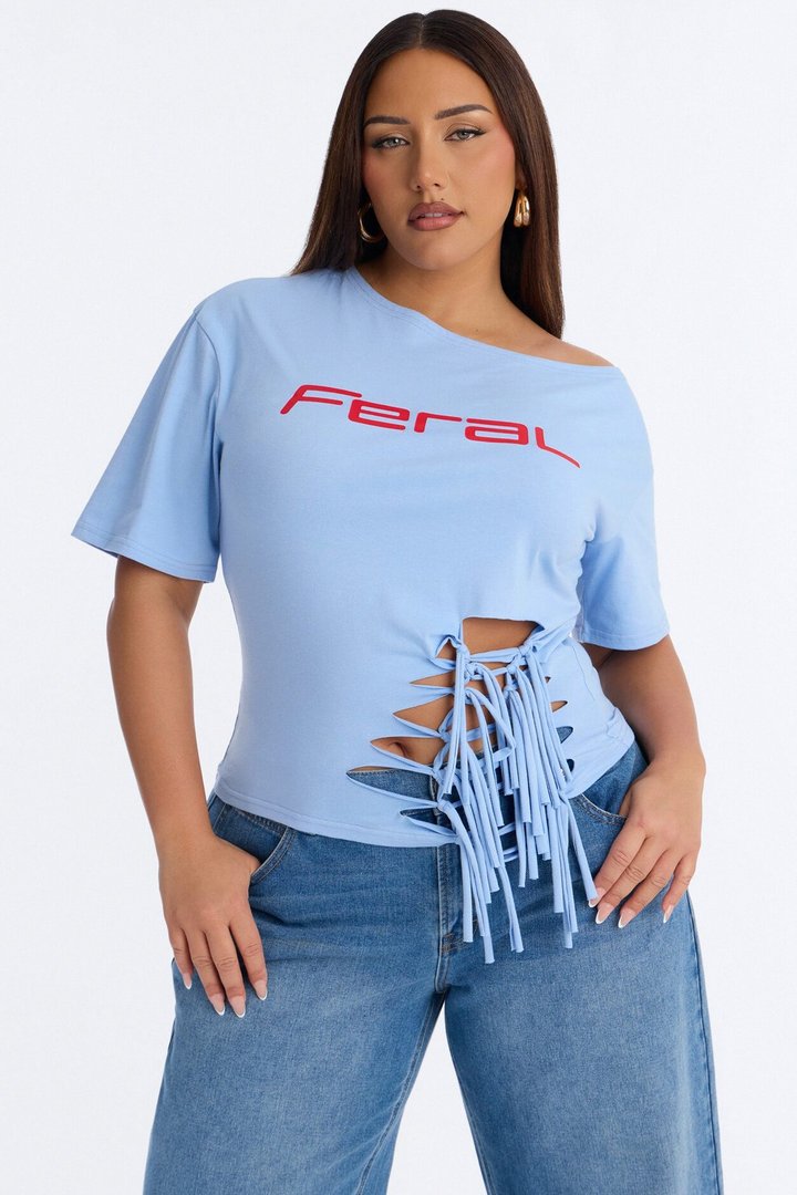Girl Gone Feral Off Shoulder Tee - Light Blue