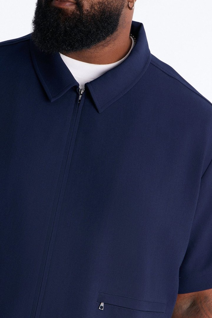 Modern Essential Short Sleeve Zip Collar Shirt - Navy