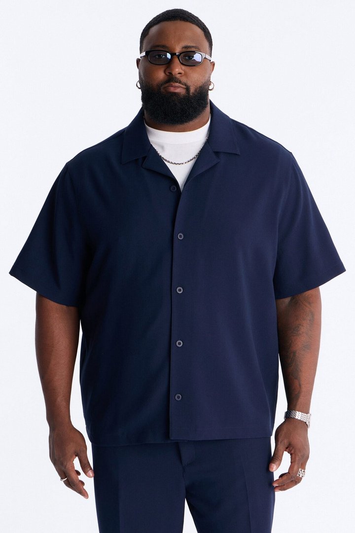 Modern Essential Sleeve Cuban Collar Button Down - Navy