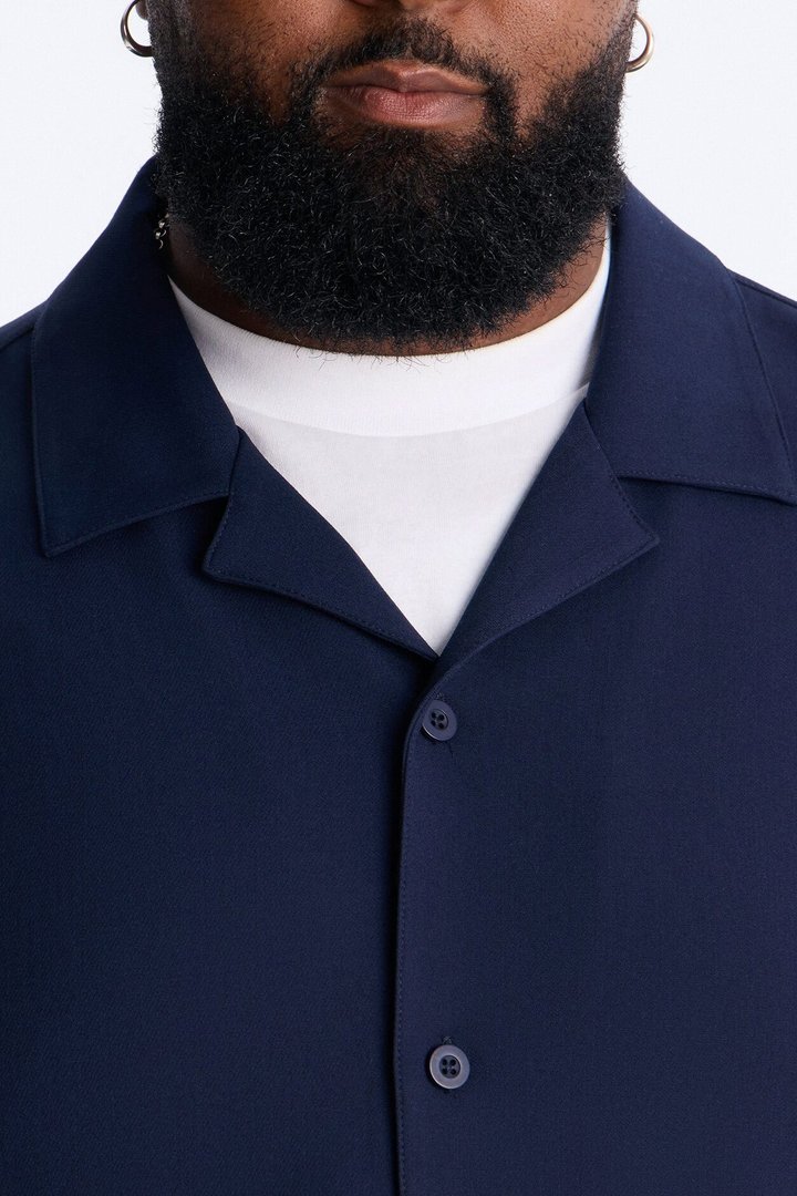 Modern Essential Sleeve Cuban Collar Button Down - Navy