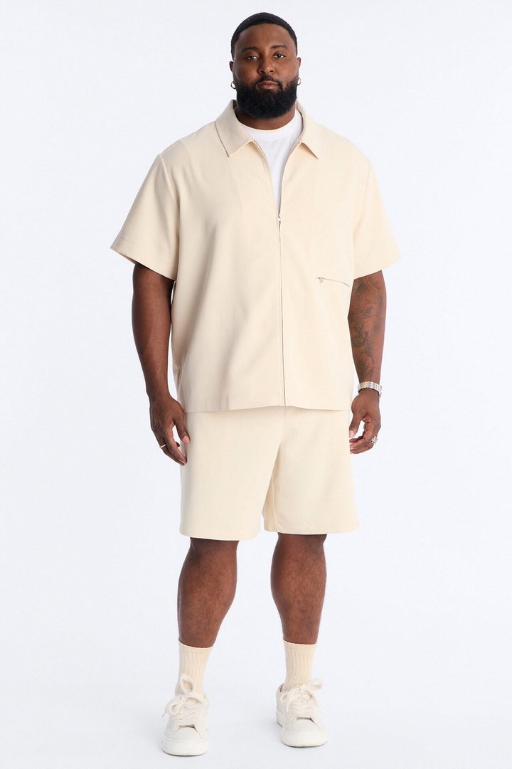 Modern Essential Short Sleeve Zip Collar Shirt - Beige