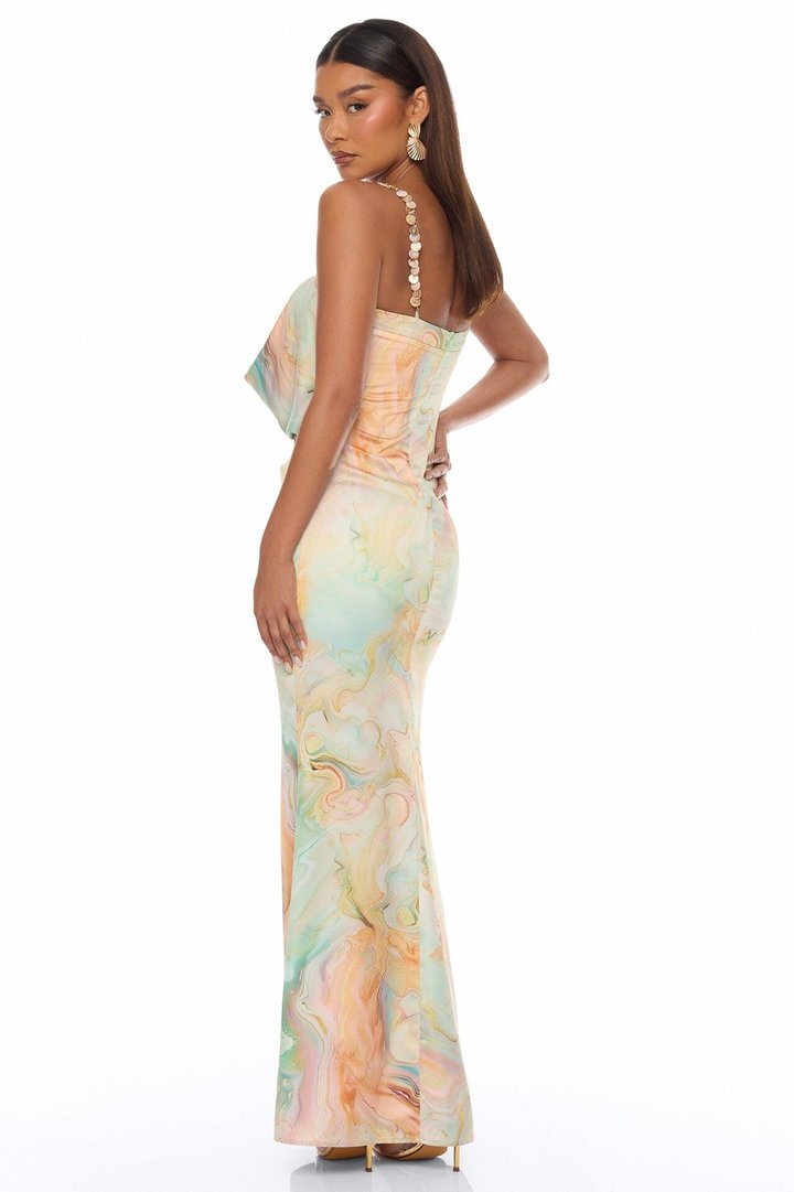 Out In Turks Satin Maxi Dress - Aqua/Combo