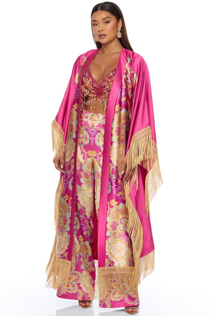 Addison Fringe Satin Kimono - Pink/combo