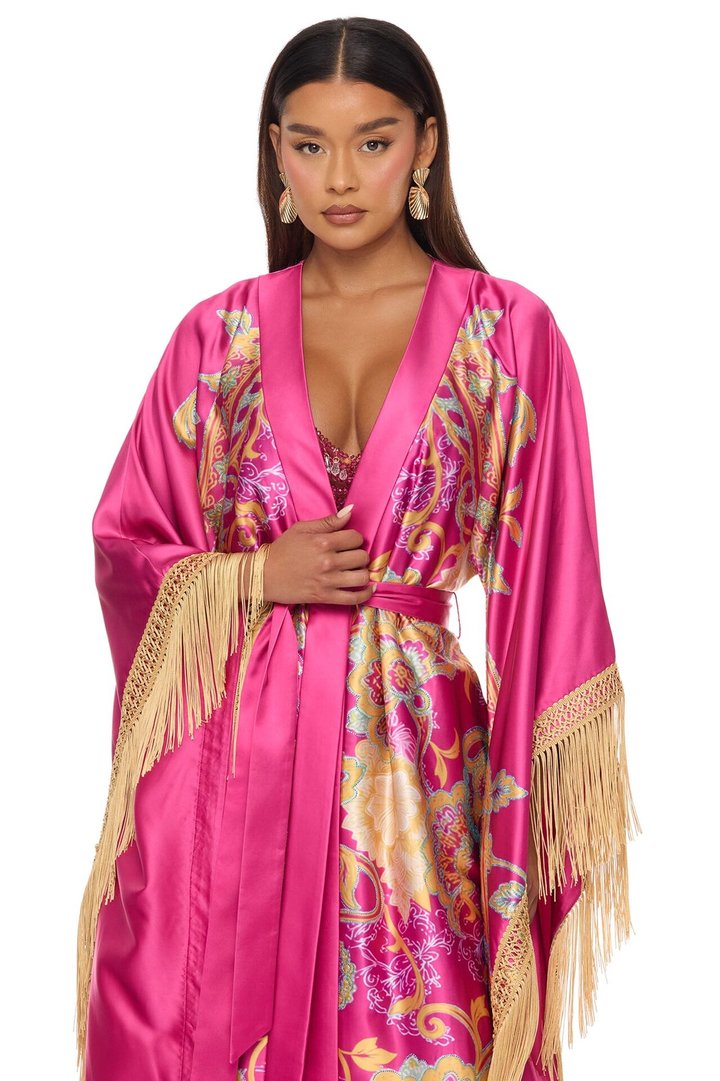 Addison Fringe Satin Kimono - Pink/combo