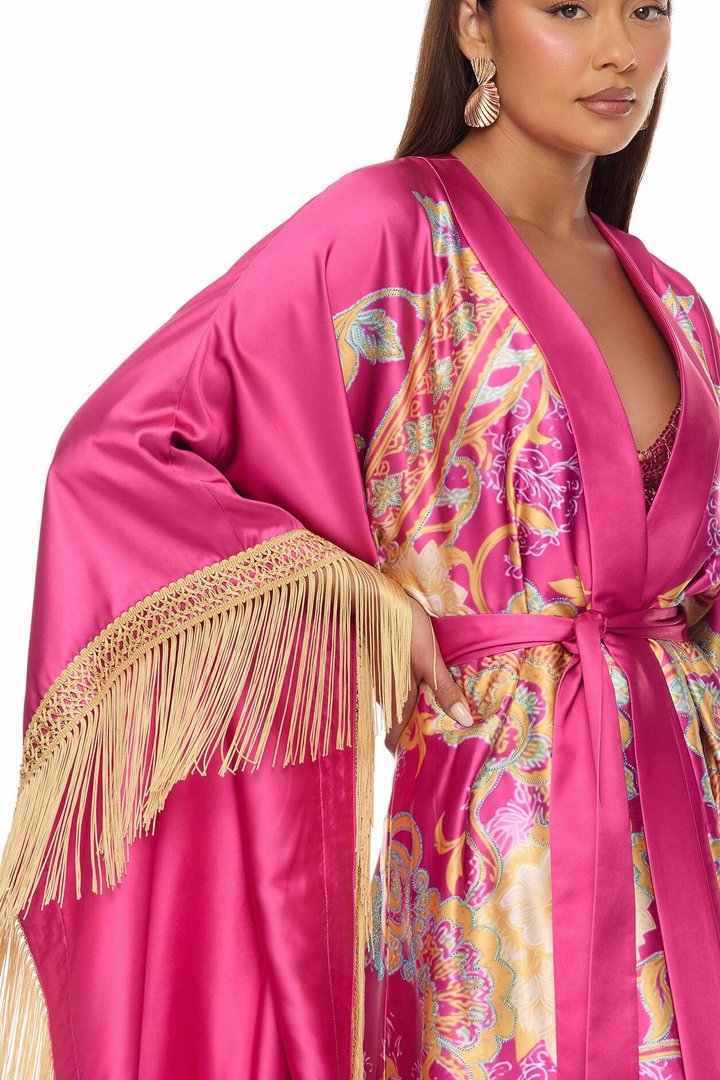 Addison Fringe Satin Kimono - Pink/combo