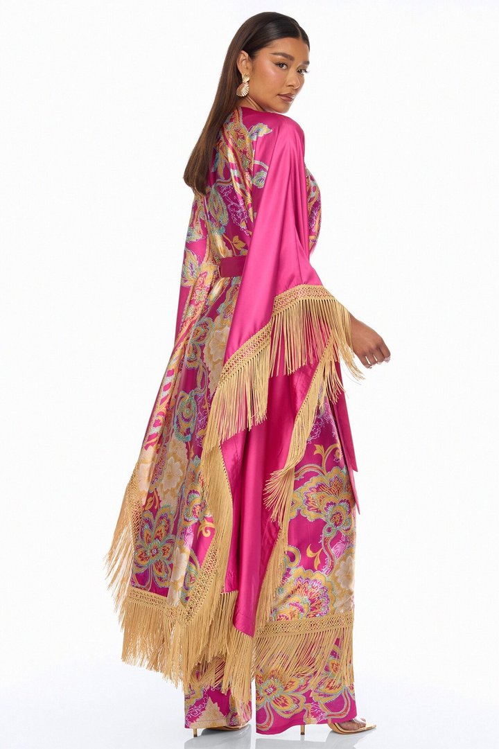 Addison Fringe Satin Kimono - Pink/combo