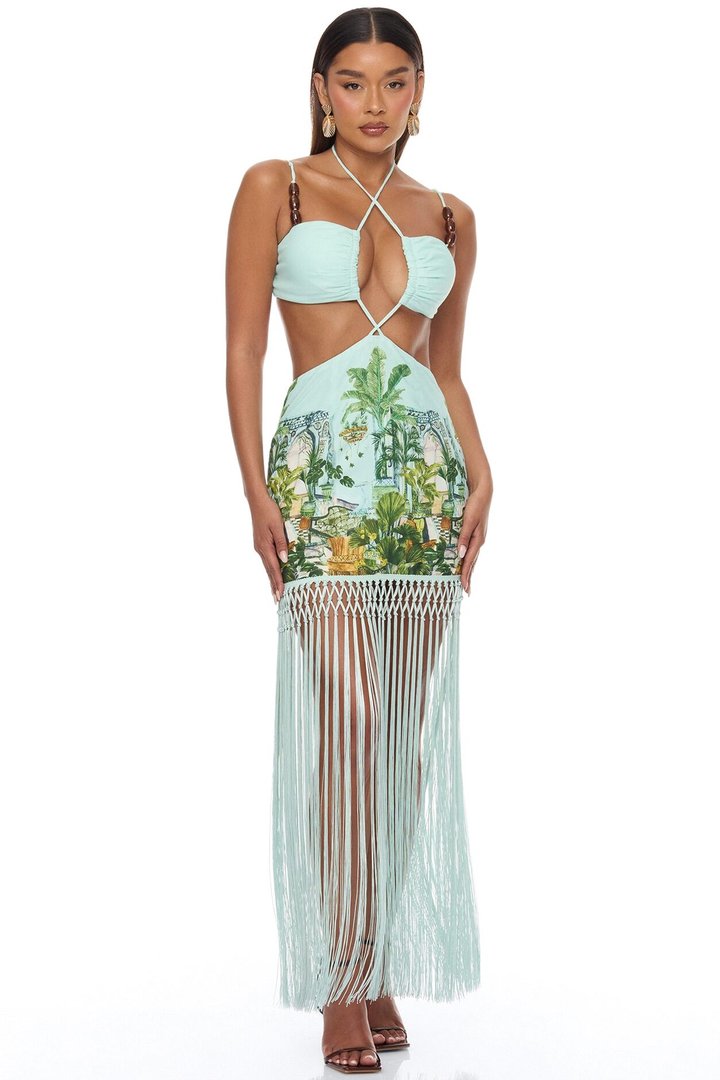 Euro Coast Fringe Maxi Dress - Aqua/Combo