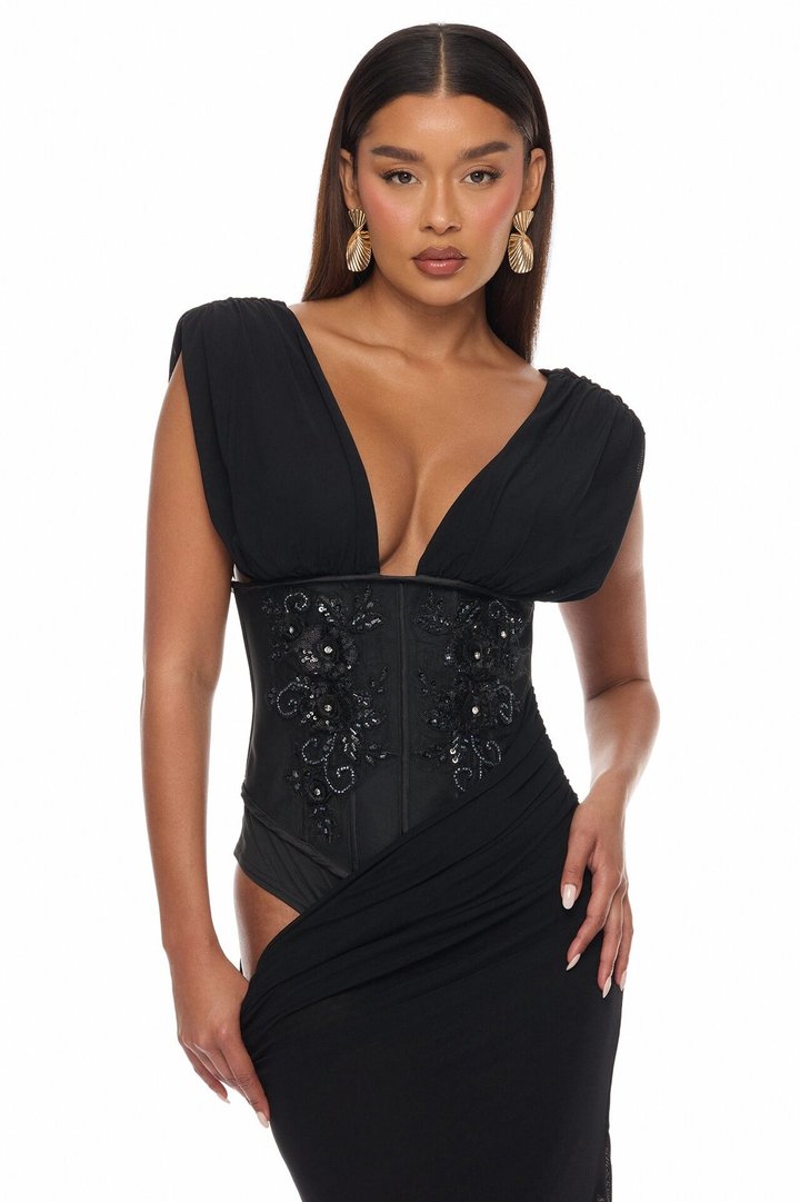 Eye Candy Corset Mesh Maxi Dress - Black