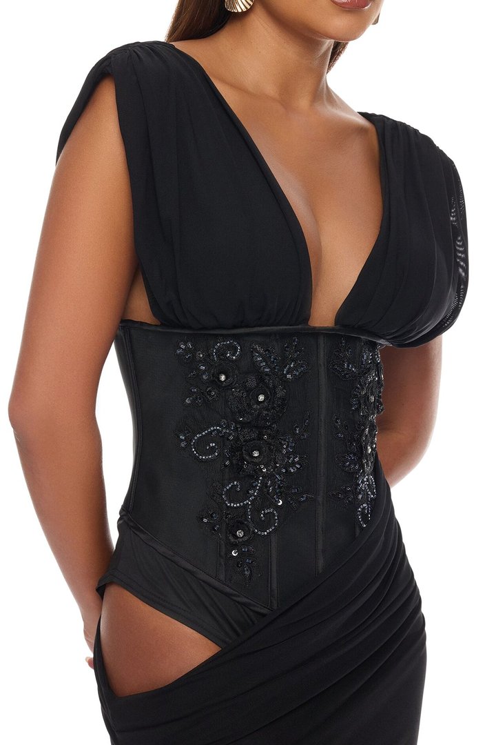 Eye Candy Corset Mesh Maxi Dress - Black