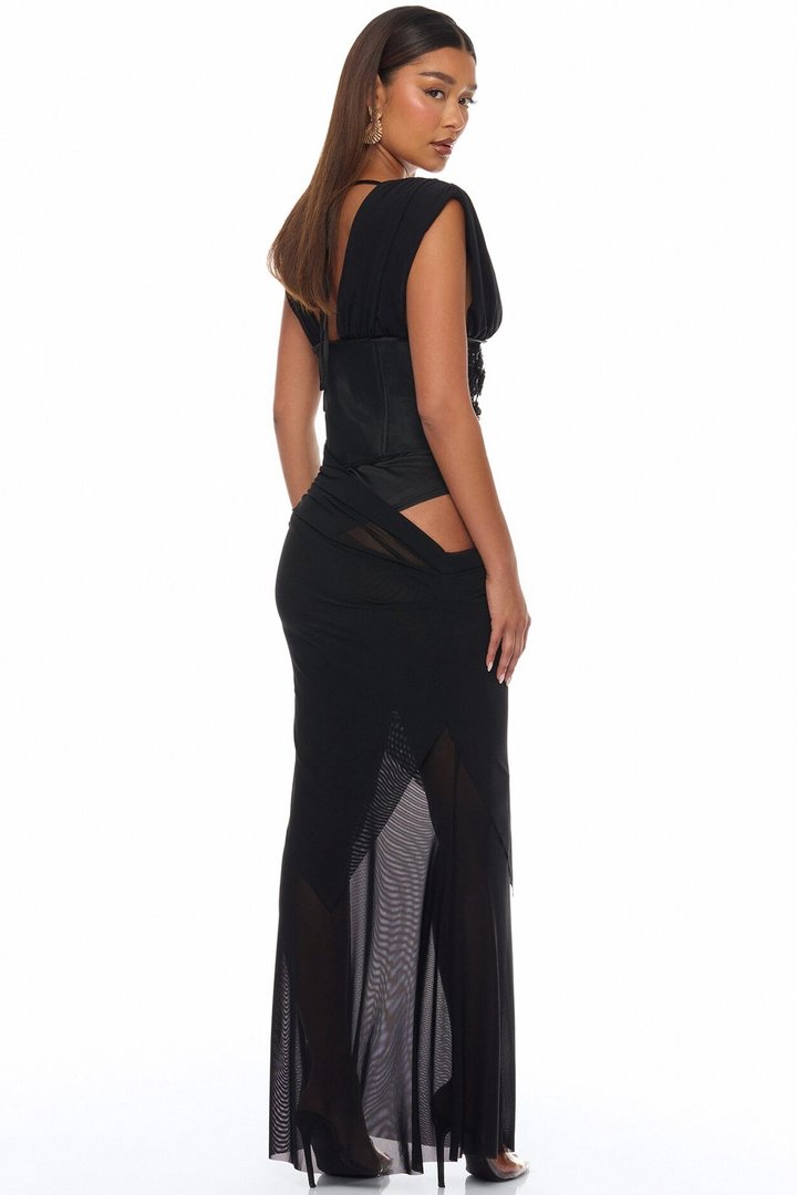 Eye Candy Corset Mesh Maxi Dress - Black