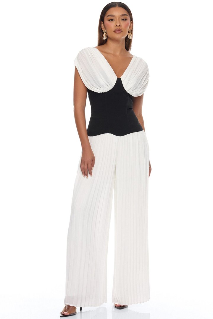 Solene Corset Waist Pleated Jumpsuit - Black/White