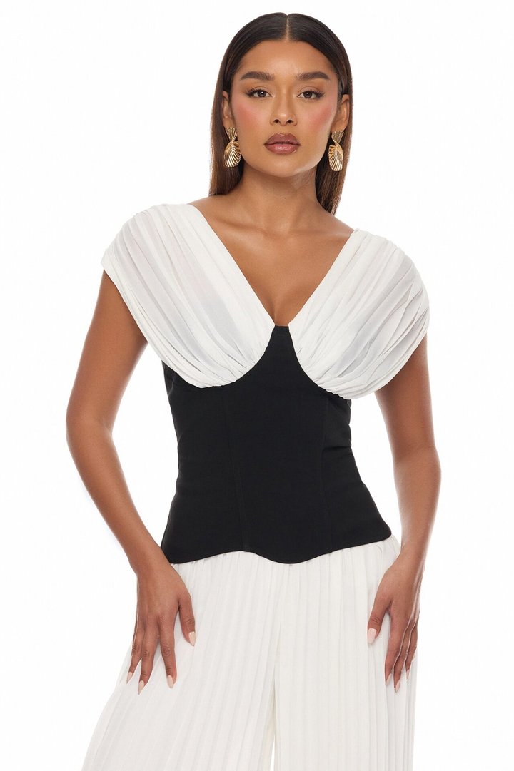 Solene Corset Waist Pleated Jumpsuit - Black/White
