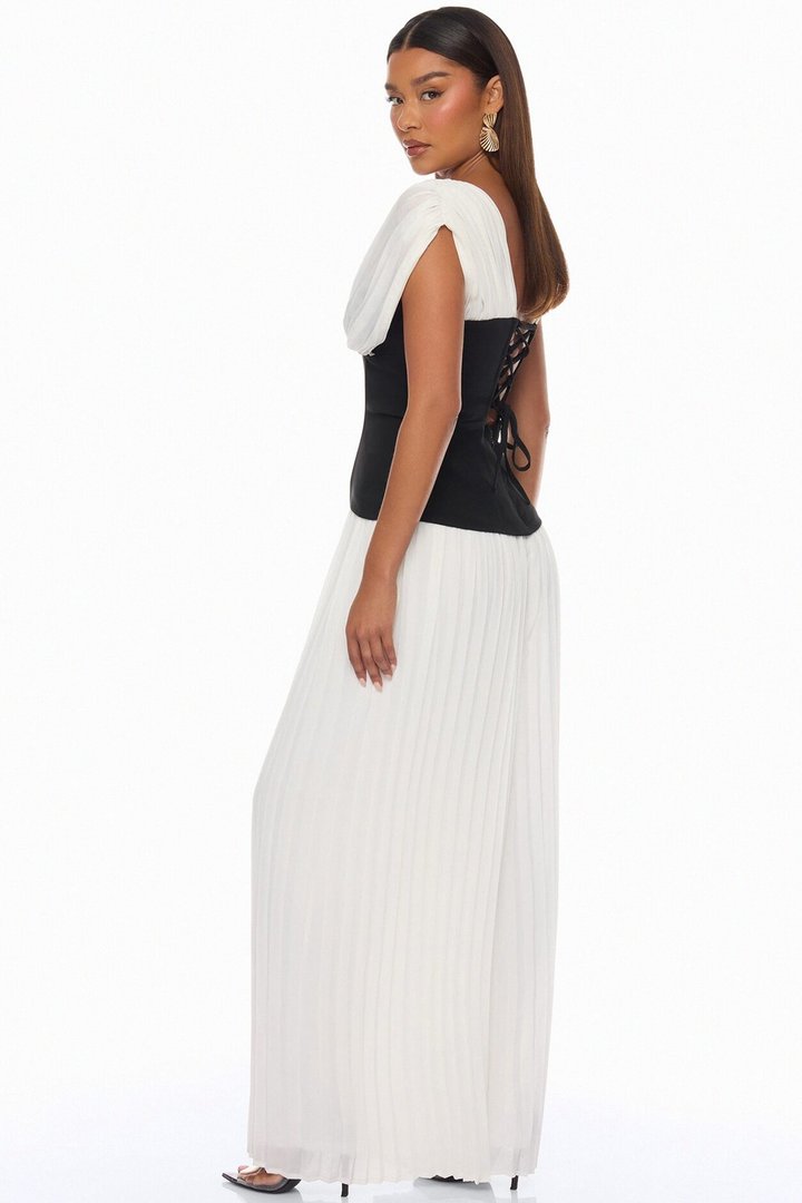 Solene Corset Waist Pleated Jumpsuit - Black/White