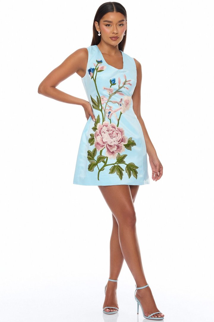 Macie Embroidered Satin Mini Dress - LightBlue