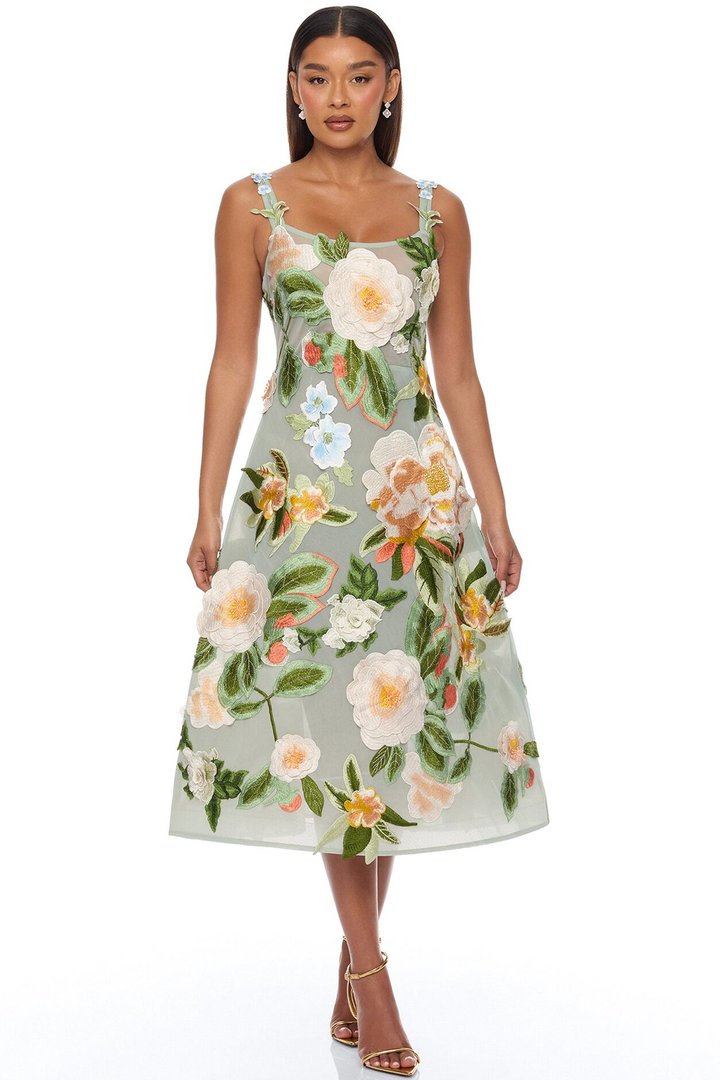 Love Like This Floral Embroidered Midi Dress - Sage/combo