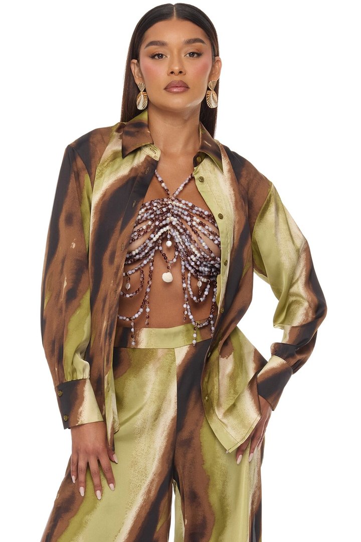 Tropic Escape 3 Piece Satin Pant Set - Brown/combo