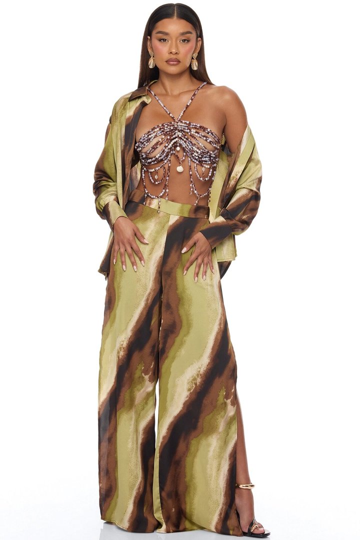 Tropic Escape 3 Piece Satin Pant Set - Brown/combo