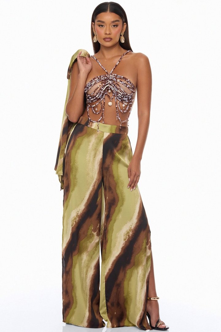 Tropic Escape 3 Piece Satin Pant Set - Brown/combo