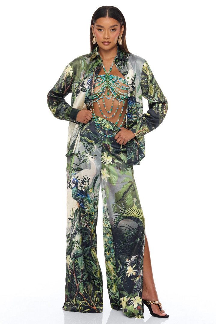Tulum Escape 3 Piece Satin Pant Set - Green/combo