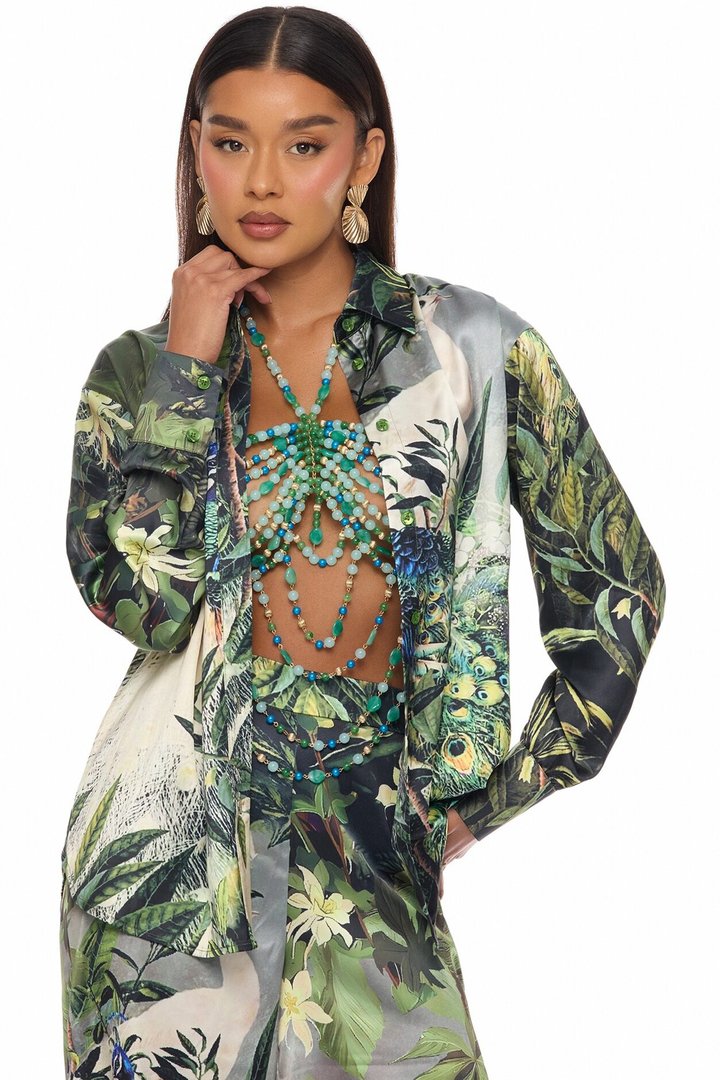 Tulum Escape 3 Piece Satin Pant Set - Green/combo