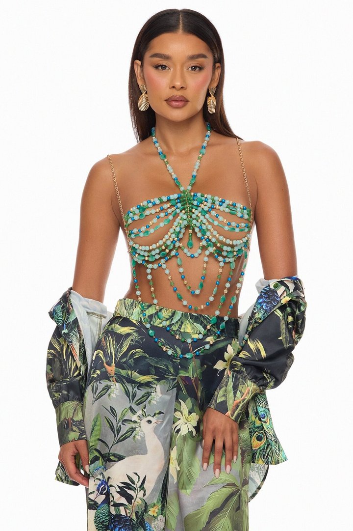 Tulum Escape 3 Piece Satin Pant Set - Green/combo