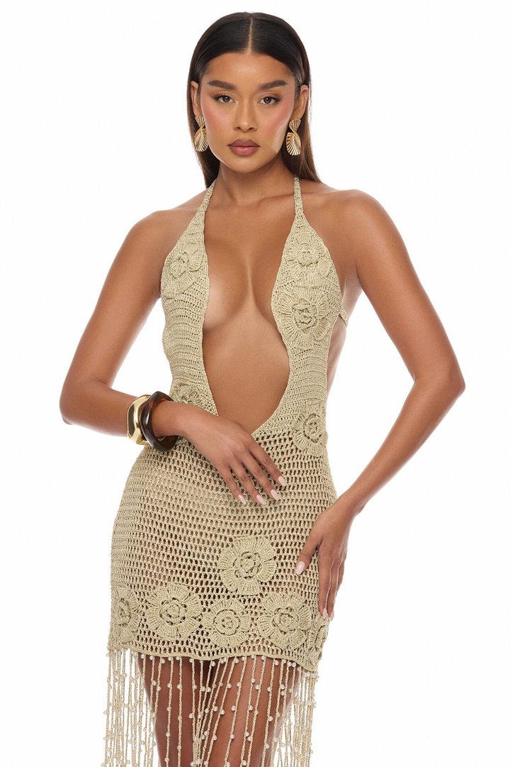 Golden Oasis Metallic Crochet Maxi Dress - Gold