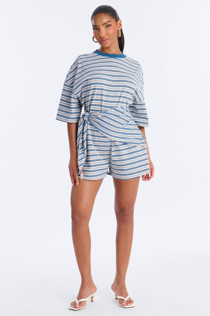 Halle Striped Waist Scarf Romper - Grey