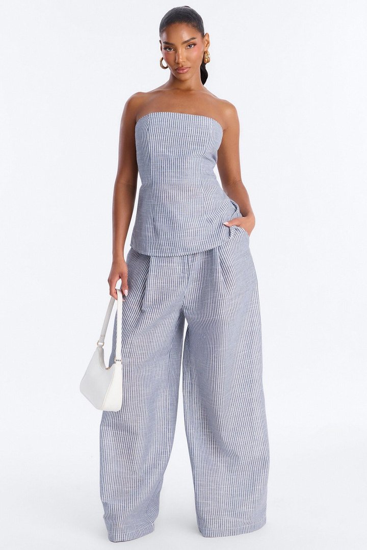 Luella Strapless Striped Linen Pant Set - White/Blue