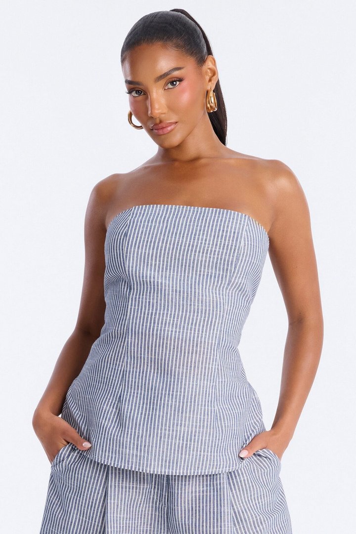 Luella Strapless Striped Linen Pant Set - White/Blue