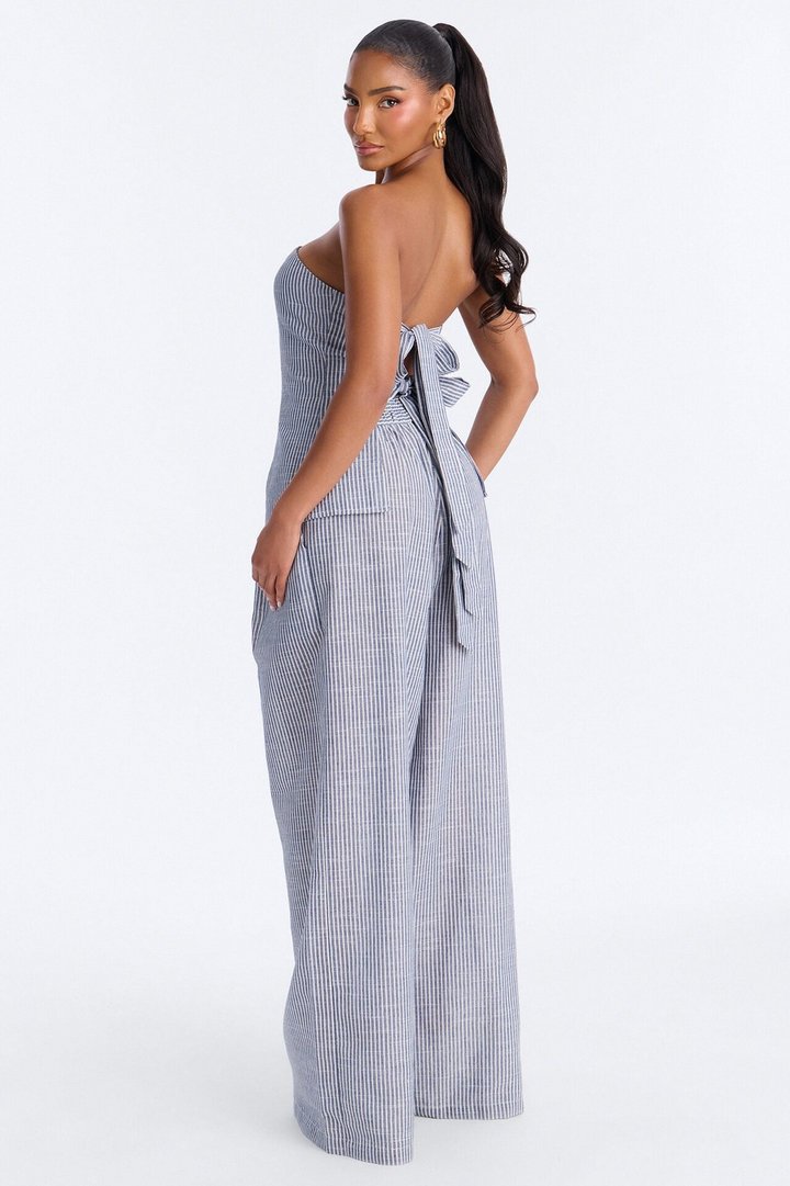 Luella Strapless Striped Linen Pant Set - White/Blue