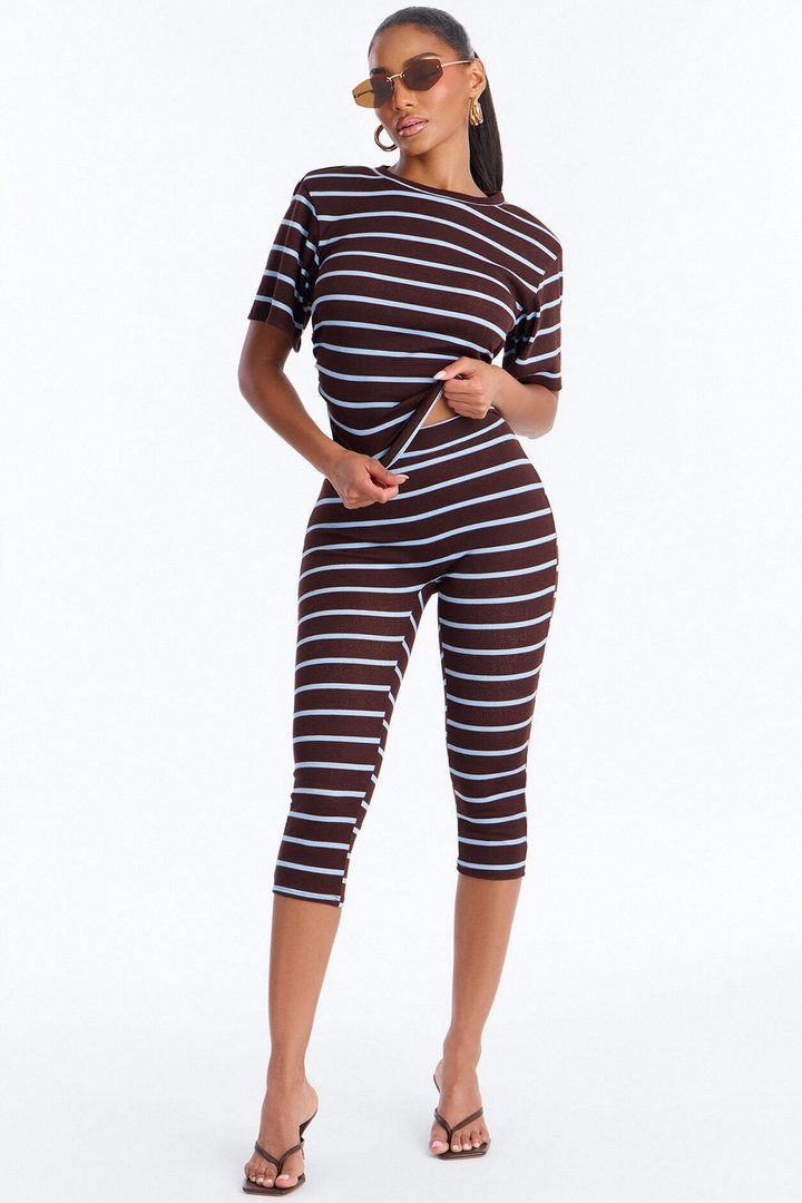 Mia Striped Ribbed Capri Set - Chocolate