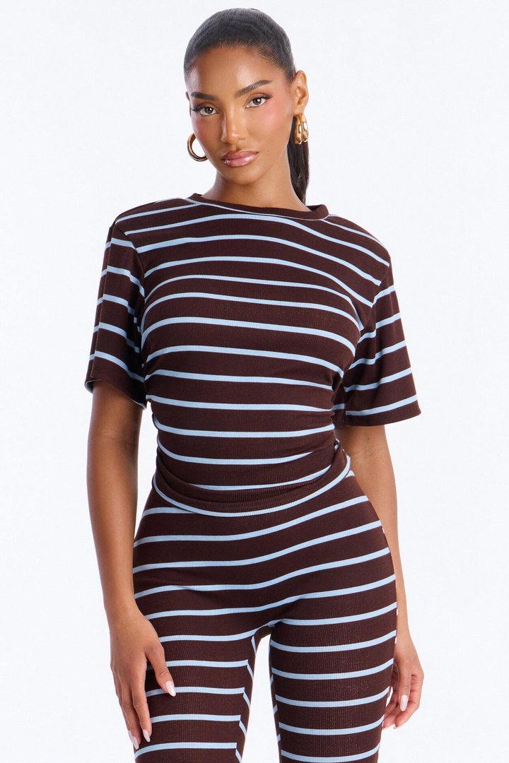 Mia Striped Ribbed Capri Set - Chocolate