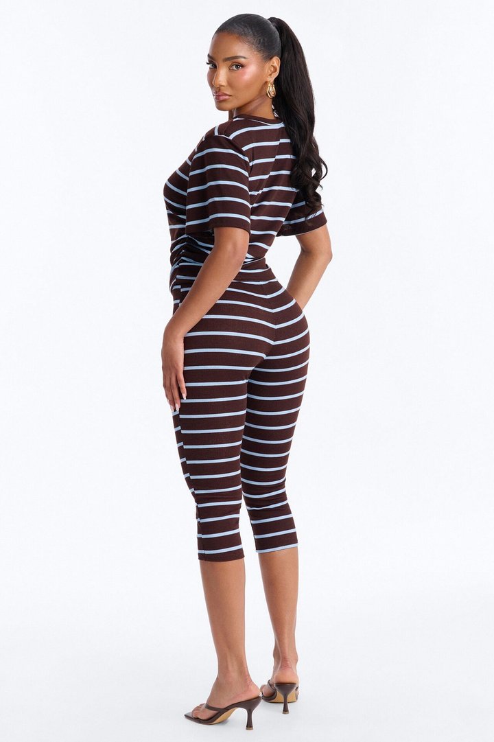 Mia Striped Ribbed Capri Set - Chocolate