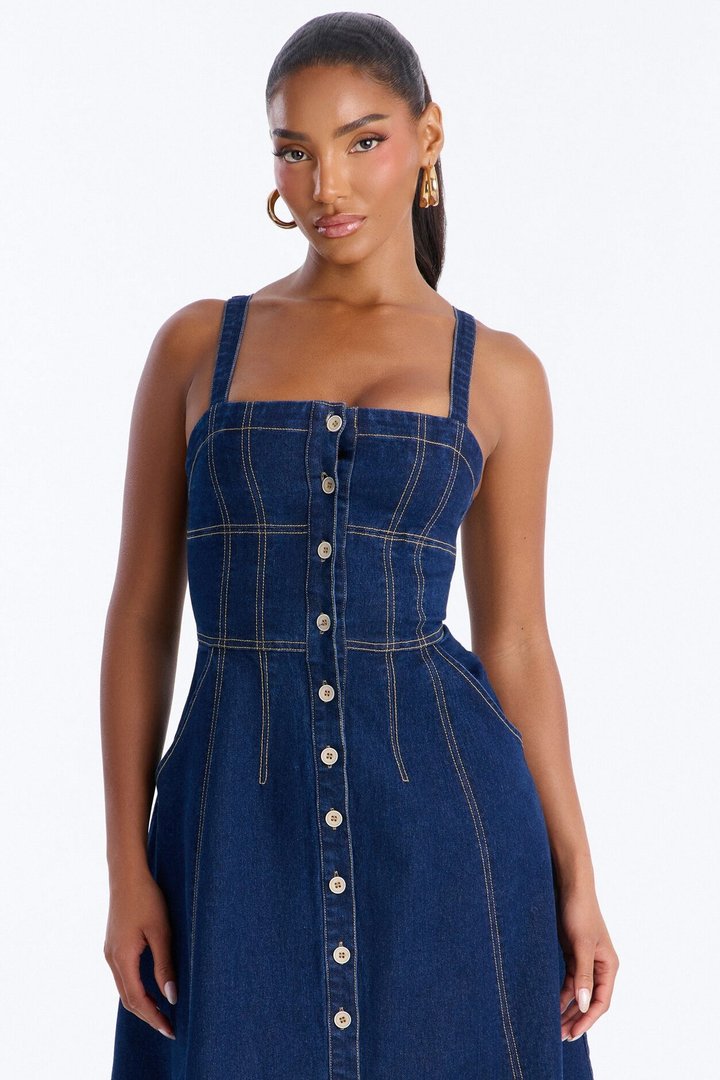 Romi Denim Midi Dress - Dark Wash