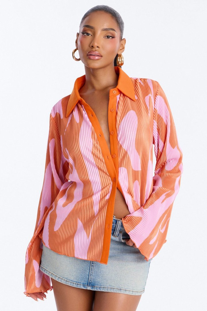 Zahara Button Up Top - Orange/combo