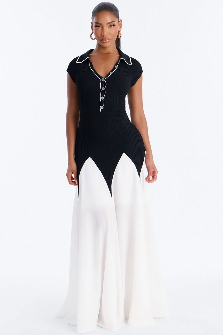 Daytime Vibing Collared Maxi Dress - Black/White