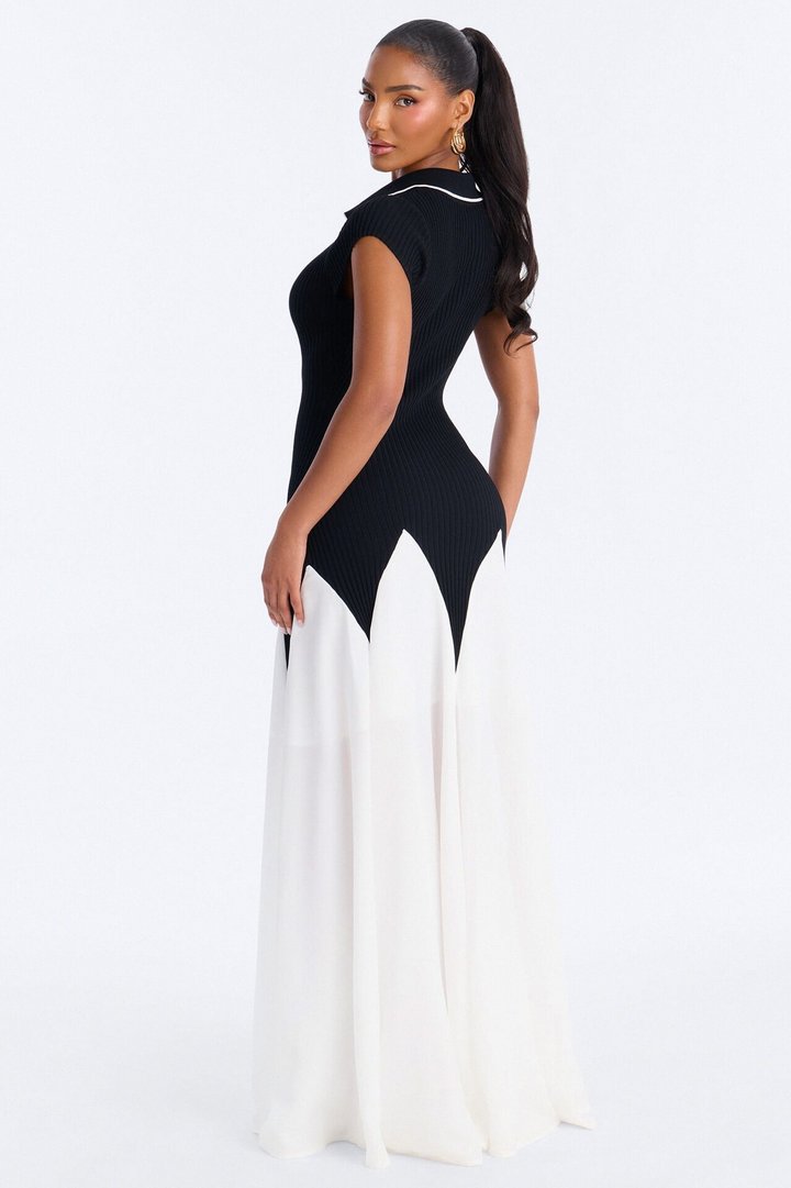 Daytime Vibing Collared Maxi Dress - Black/White