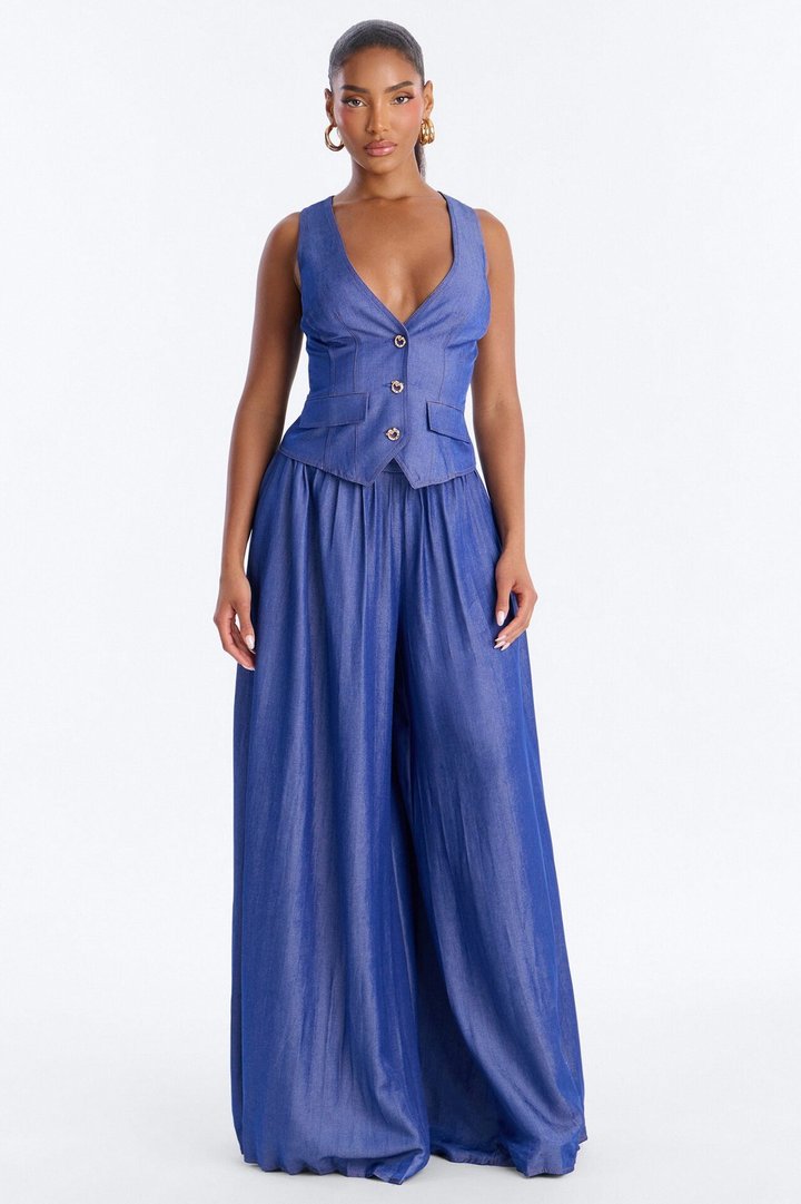 Pleated Prestige Denim Skirt Set - Dark Wash