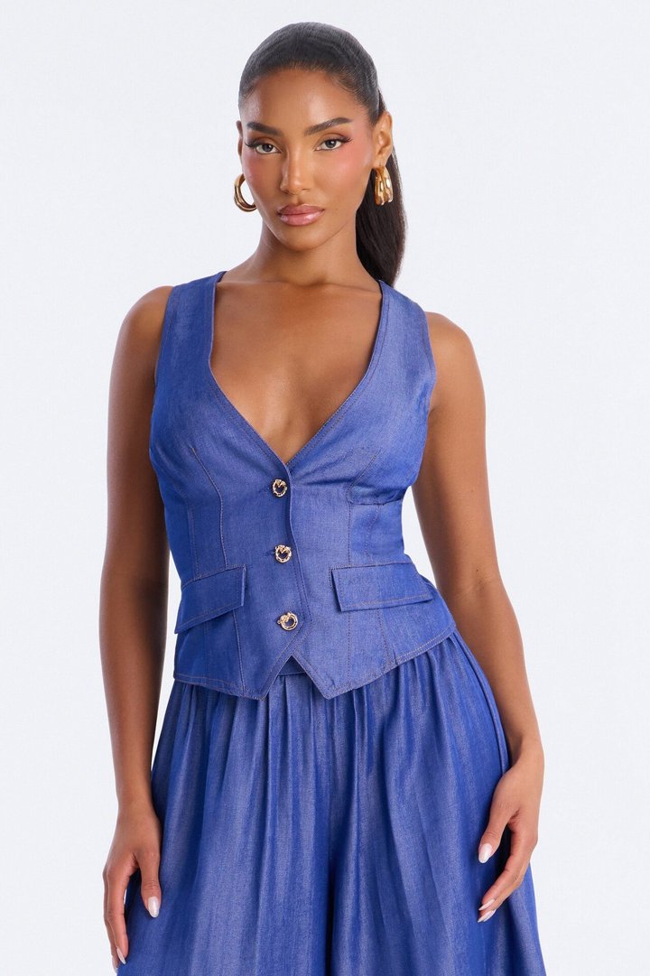 Pleated Prestige Denim Skirt Set - Dark Wash