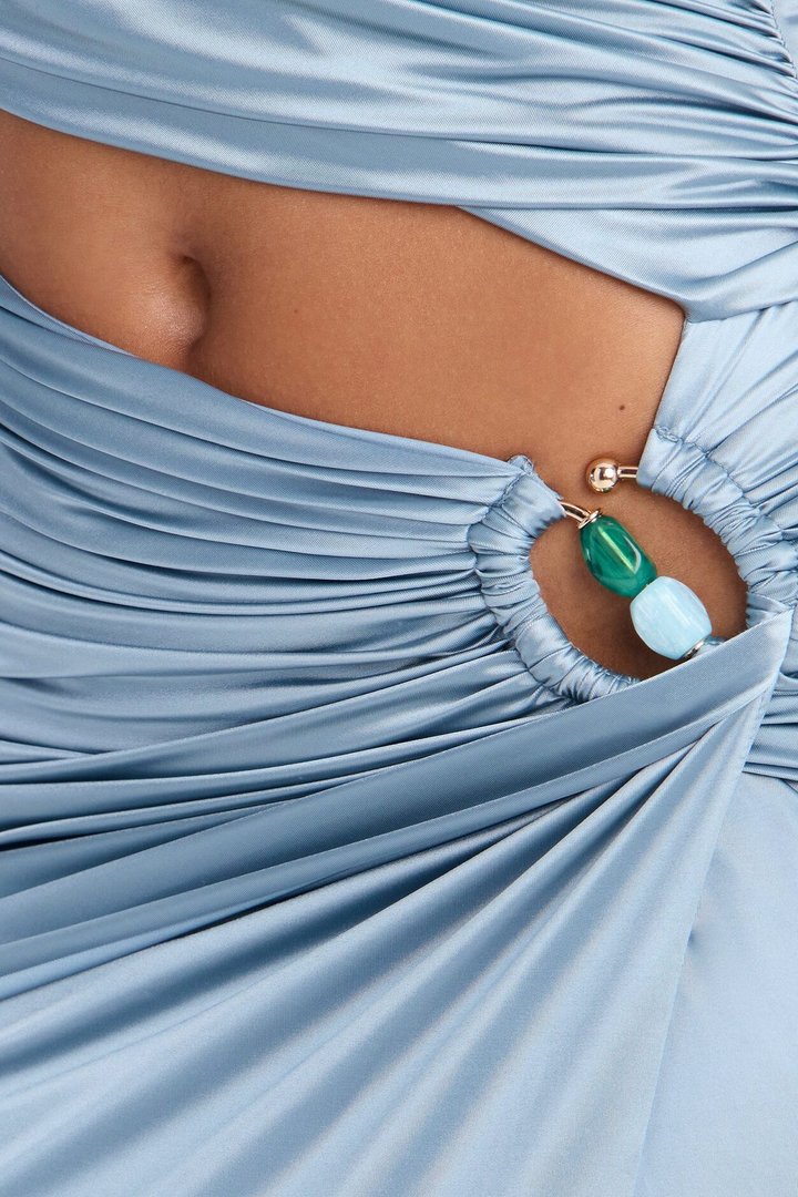Lilith Asymmetrical Satin Maxi Dress - Cerulean