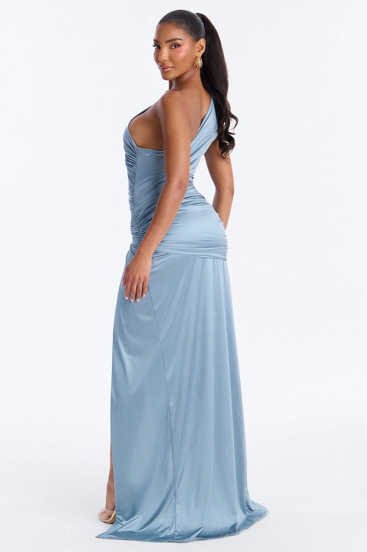 Lilith Asymmetrical Satin Maxi Dress - Cerulean