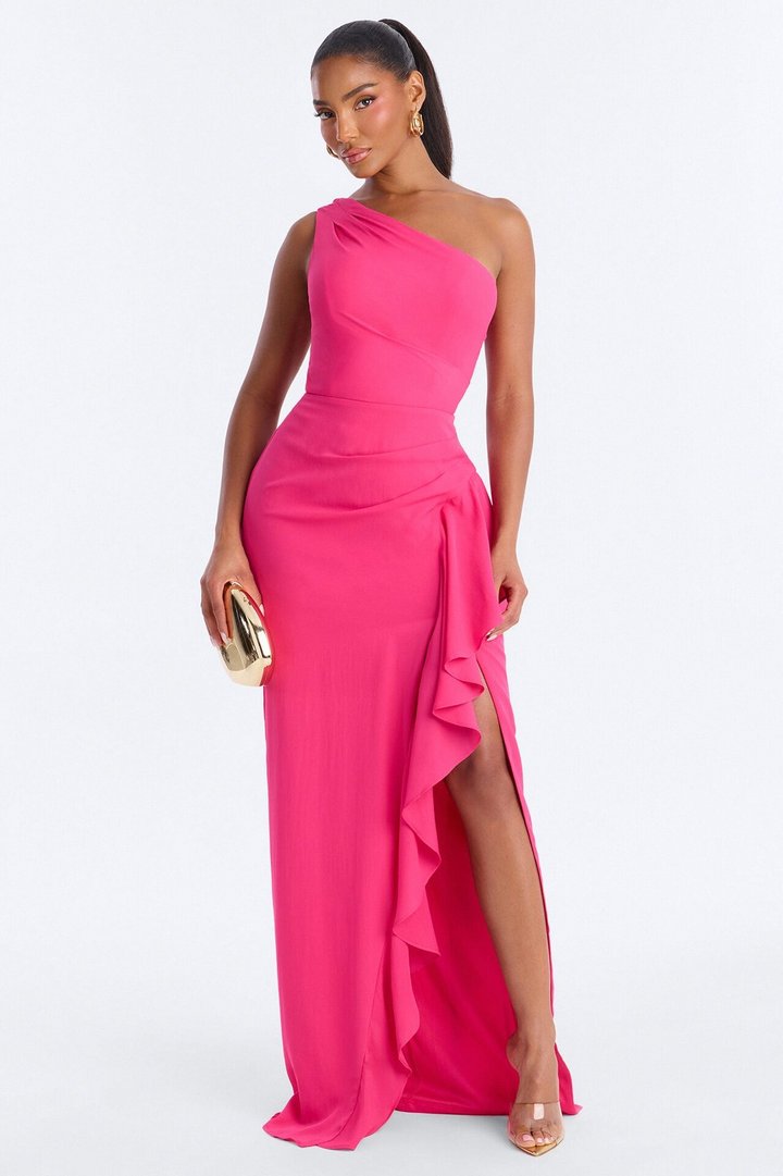 Amelie One Shoulder Chiffon Gown - Hot Pink