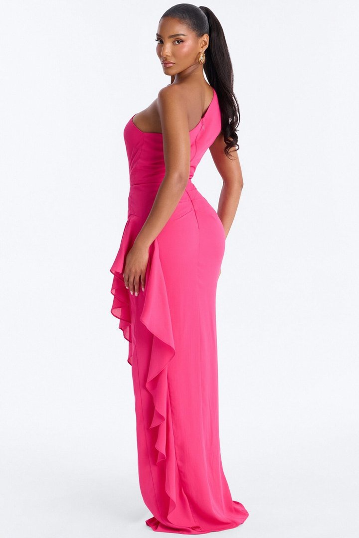Amelie One Shoulder Chiffon Gown - Hot Pink